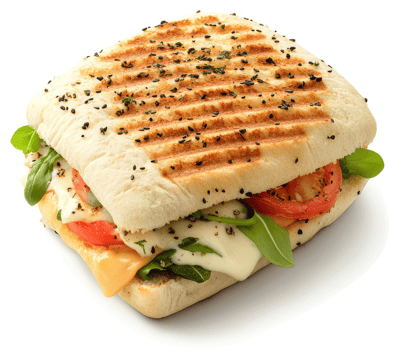 A grilled cheese panini sandwich with tomato, mozzarella, and arugula. png