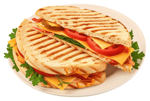 A grilled cheese sandwich with ham, tomatoes, and pickles, served on a plate. png