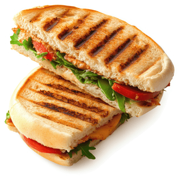 A delicious grilled panini sandwich with fresh vegetables and cheese. png
