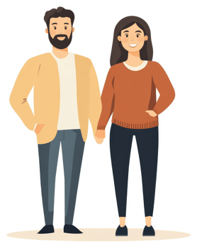 A happy couple holding hands, dressed in casual attire. png
