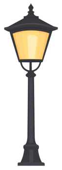 A classic black outdoor street lamp with a warm yellow light. png