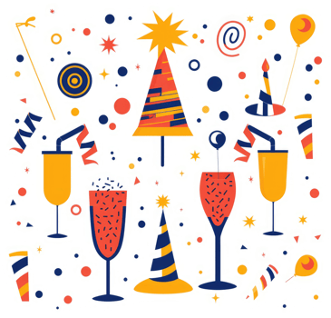 A festive pattern of party supplies and drinks. png