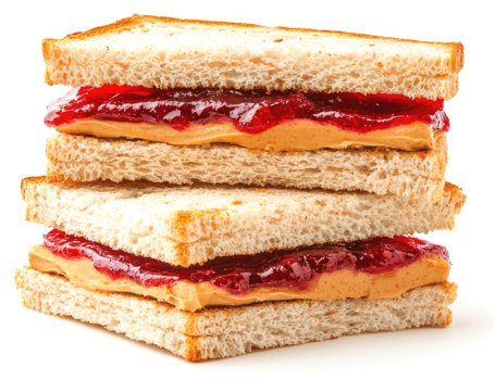 Two peanut butter and jelly sandwiches on whole wheat bread. png