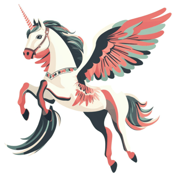 A majestic winged unicorn in flight, adorned with vibrant colors. png
