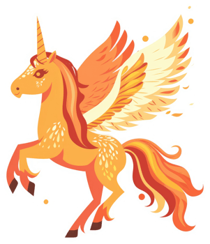 A vibrant orange and yellow winged unicorn, a mythical creature of fantasy. png