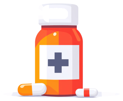 An orange and red medicine bottle with pills. png