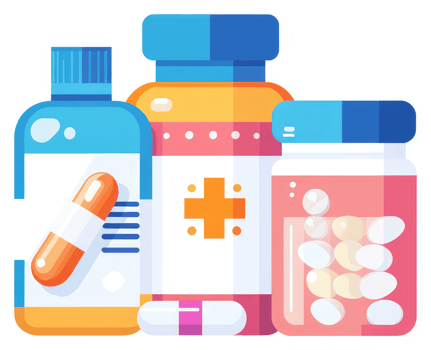 Colorful illustration of various pharmaceutical containers with pills and capsules. png