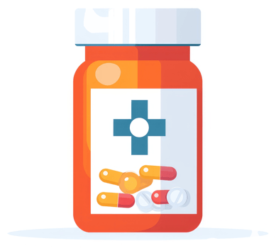 An illustration of an orange medicine bottle with pills inside. png