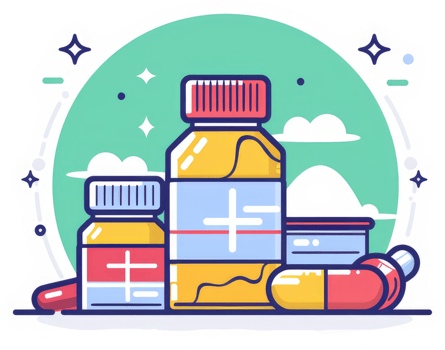 Colorful illustration of various medication bottles and pills. png