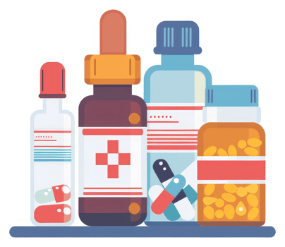 Various medication bottles with different types of pills and liquids. png