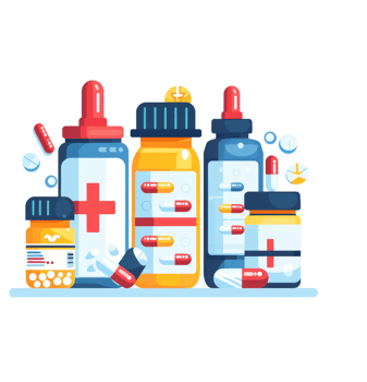 Various pharmaceutical bottles and capsules for medicine and healthcare. png
