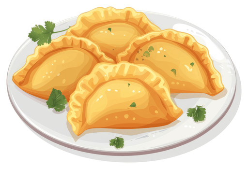 Golden fried pastries on a white plate. png