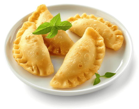 Golden-brown, crispy pastries served on a white plate. png