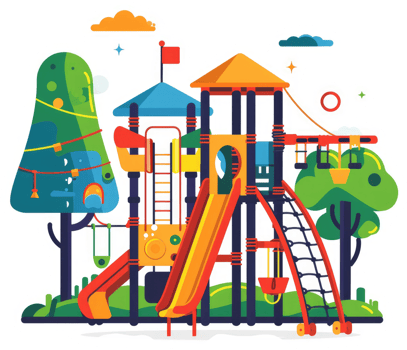 Colorful playground equipment with trees and swings. png