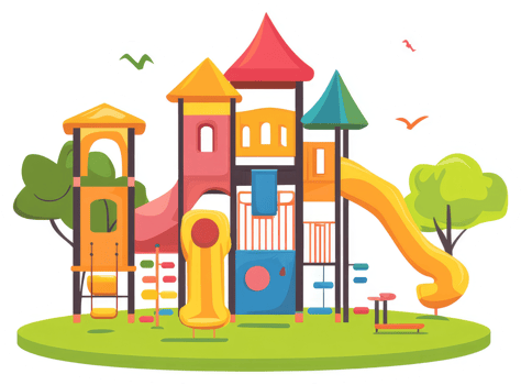 A vibrant playground with colorful structures and play equipment. png