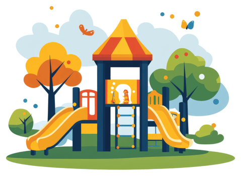 Colorful playground with slides and climbing structures in a park setting. png