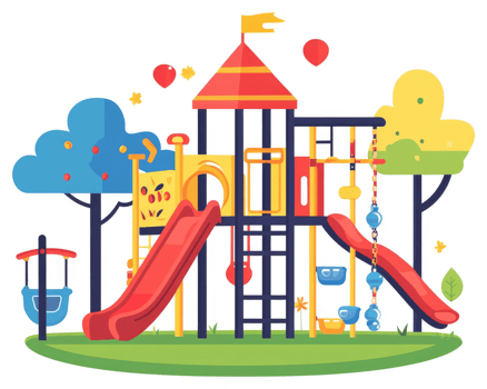 A vibrant playground with colorful equipment and trees. png