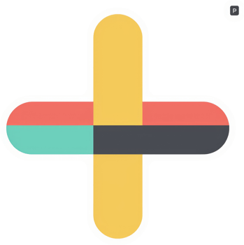 A stylized plus sign design with overlapping, colorful shapes. png