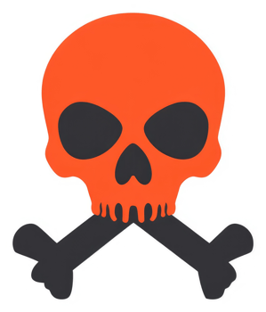 An orange skull and crossbones graphic design. png