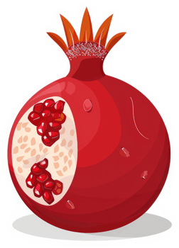 A vibrant illustration of a pomegranate with its seeds visible. png
