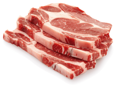 Raw pork chops stacked on a white background. png