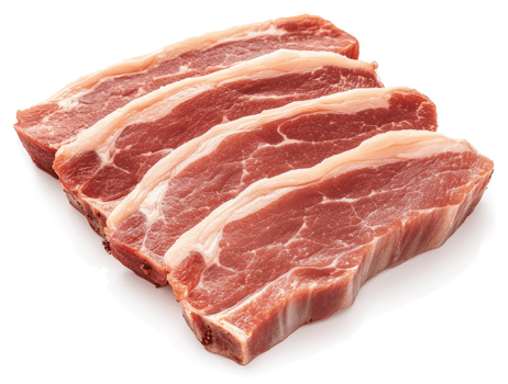 Three raw lamb chops arranged on a white background. png
