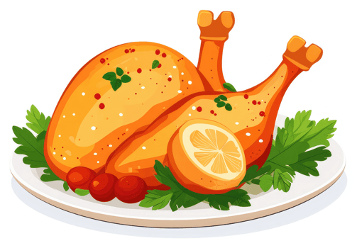 Roasted chicken with lemon and herbs on a plate. png
