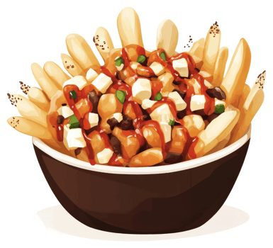 A hearty poutine dish of crispy fries, savory cheese curds, and rich gravy. png