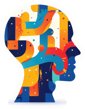 A vibrant abstract portrait of a human head, showcasing a complex interplay of colors and shapes. png