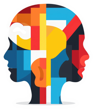 A colorful abstract representation of a multifaceted human head. png