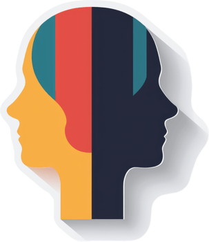 A colorful profile of a head, divided into contrasting colors, symbolizing duality. png
