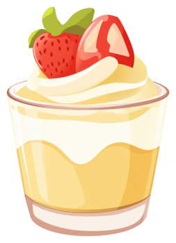 A delicious glass dessert topped with whipped cream and fresh strawberries. png