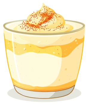 A layered, creamy dessert in a glass dish topped with whipped cream. png
