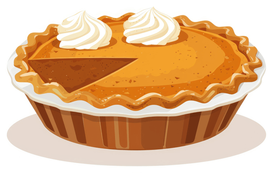 A delicious pumpkin pie with a slice taken out and whipped cream. png