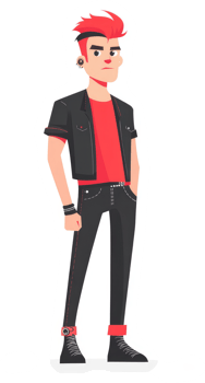 A stylish, edgy young man in a red and black outfit. png