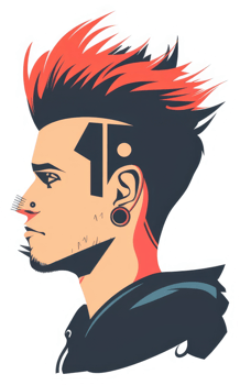 Stylish man with a vibrant mohawk and unique accessories. png
