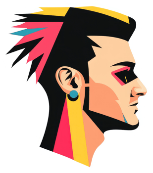 A vibrant, stylized portrait of a person with striking colors and geometric shapes. png
