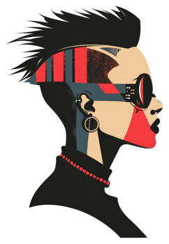 Bold, stylized portrait of a woman with punk-inspired fashion and futuristic elements. png
