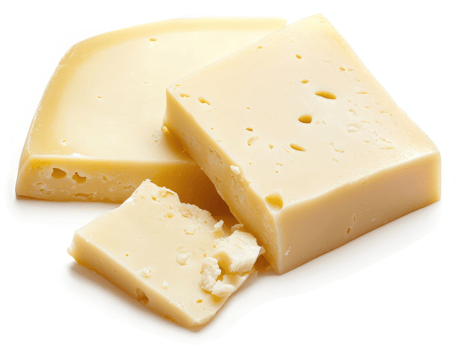 Three slices of pale yellow cheese, showing holes and a creamy texture. png