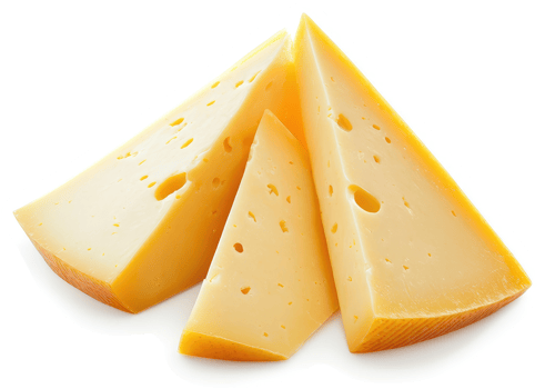 Three triangular slices of aged yellow cheese with holes. png