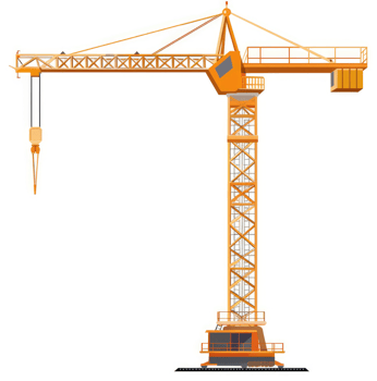 A detailed illustration of a large, orange construction crane. png