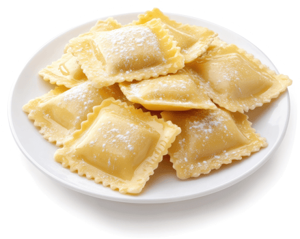 A plate of uncooked, dusted ravioli, ready to be prepared. png