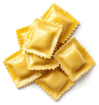 A pile of golden-yellow, square-shaped tortellini pasta. png