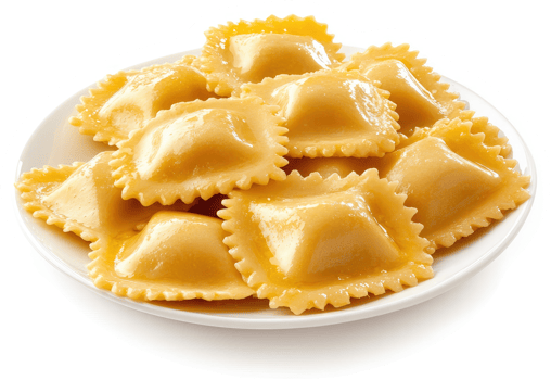 A plate of golden-brown tortellini pasta. png