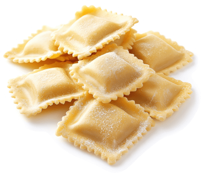 Fresh, uncooked ravioli, dusted with flour. png
