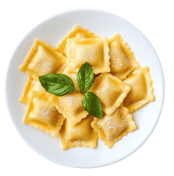 A plate of golden-brown tortellini pasta topped with fresh basil. png