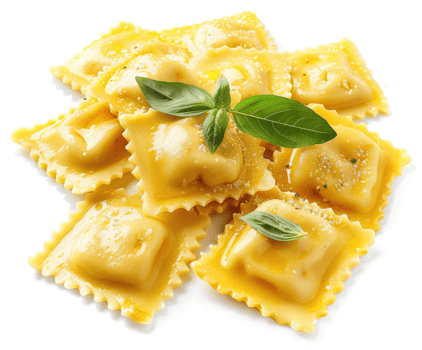 A close-up of golden-hued tortellini pasta with fresh basil. png