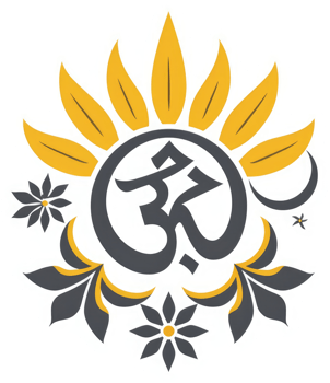 Ornate om symbol surrounded by floral design and sun rays. png