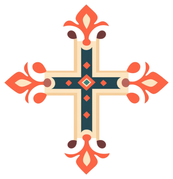 Ornate christian cross design with decorative floral accents. png