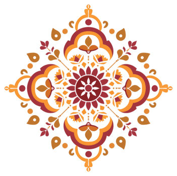 A detailed, symmetrical, floral medallion design in orange and burgundy. png